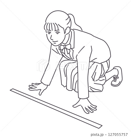 スタート位置につく女子高校生　線のみ 127055757