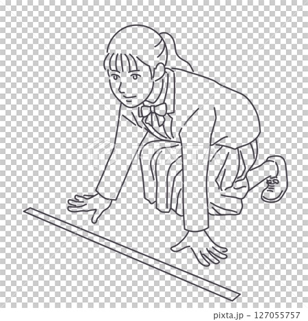 スタート位置につく女子高校生　線のみ 127055757