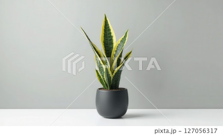 Snake plant (Sansevieria trifasciata) in a dark pot on a white surface with grey background. 127056317