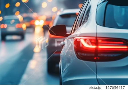 A car is driving down a street with other cars in the background 127056417