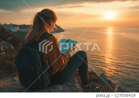 A woman is sitting on a rock by the ocean, reading a book 127056419