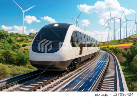 Futuristic Electric Train on Solar Panel Tracks in Sustainable Landscape with Clear Copy Space Futuristic Electric Train on Solar Panel Tracks in Sustainable Landscape with Clear Copy Space 127056424