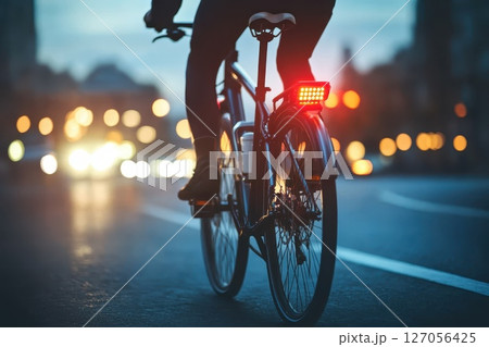 A person is riding a bicycle down a street at night A person is riding a bicycle down a street at night 127056425