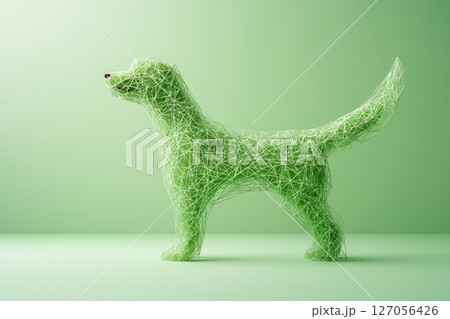 A green dog made of wire and grass is standing in front of a green wall 127056426