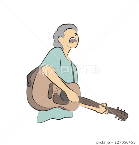 Young man playing acoustic guitar and singing illustration vector hand drawn with black lines isolated on white background. 127056455