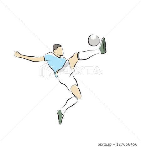male soccer player jumping to shoot ball illustration vector hand drawn with black lines isolated on white background. 127056456