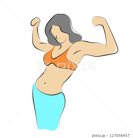 Strong woman flexing muscles illustration vector hand drawn with black lines isolated on white background. 127056457