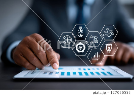Digital Fintech Icons Collage with Businessman Using Tablet for Innovative Financial Solutions Digital Fintech Icons Collage with Businessman Using Tablet for Innovative Financial Solutions 127056555