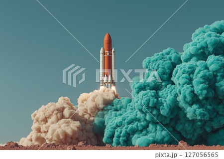 Conceptual Shot of Rocket Launching Upwards with Colorful Smoke Against Clear Sky 127056565