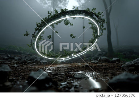 Glowing Recycling Symbol Hovering Above Ground in Misty Forest with Greenery and Rocks Glowing Recycling Symbol Hovering Above Ground in Misty Forest with Greenery and Rocks 127056570