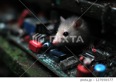 Possum Resting Among Shattered Electronics and Melted Components in a Dark Environment 127056577