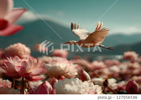 Graceful Crane Running Across a Shimmering Field of Lotus Flowers in Beautiful Landscape Graceful Crane Running Across a Shimmering Field of Lotus Flowers in Beautiful Landscape 127056586