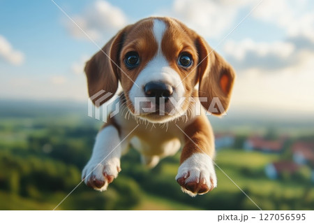 Playful Beagle Puppy Leaping Mid Air in a Scenic Outdoor Setting 127056595