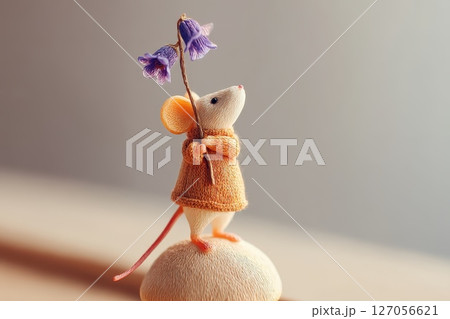 Tiny Mouse Standing on Mushroom Holding Bluebell Flower in Cute Clothing Tiny Mouse Standing on Mushroom Holding Bluebell Flower in Cute Clothing 127056621