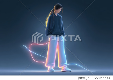 Immersive Genderless Character in Stylized Metaverse Environment with Vibrant Light Trails 127056633