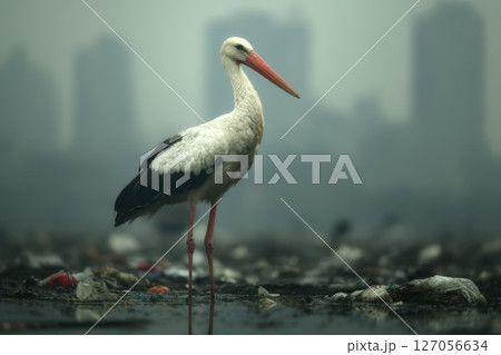 Stork Standing in Polluted Marsh Surrounded by Trash and Urban Skyline in Foggy Atmosphere 127056634