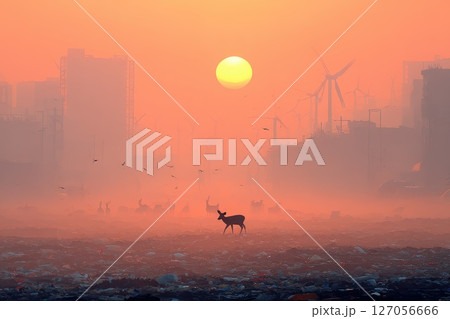Vibrant Sunset Over a Trash Field with Wind Turbines in the Background Vibrant Sunset Over a Trash Field with Wind Turbines in the Background 127056666