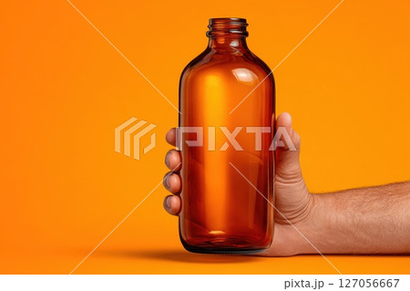 Hand Holding a Reusable Glass Cosmetic Bottle on Vibrant Orange Background Hand Holding a Reusable Glass Cosmetic Bottle on Vibrant Orange Background 127056667
