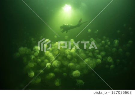 Astronaut Floating Among Alien Jellyfish in an Ocean Dreamscape Underwater Environment Astronaut Floating Among Alien Jellyfish in an Ocean Dreamscape Underwater Environment 127056668