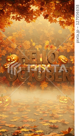 Autumn welcome scene with pumpkins and falling...のイラスト素材 [127056838 ...