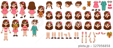 Cute Girl Character Creator Kit with Emotions, Poses, Clothes and Accessories Vector Illustration Cute Girl Character Creator Kit with Emotions, Poses, Clothes and Accessories Vector Illustration 127056858