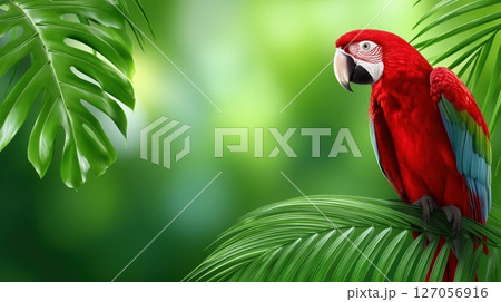 Vibrant Red Macaw parrot perched on lush tropical jungle leaves. 127056916