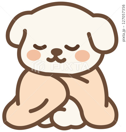 Cute White Puppy Snuggled Up with Blanket 127057356