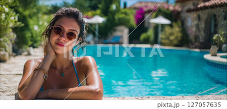 Woman enjoying a sunny day by a tranquil pool surrounded by lush greenery in a serene outdoor setting. Background with copy space. 127057635