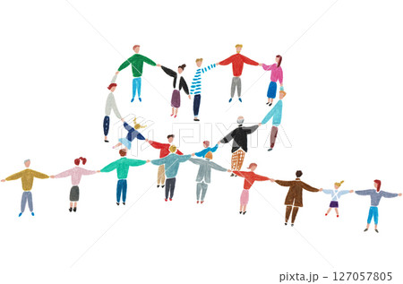 手描きイラスト　ハートの形を作りながら手をつなぐ人々	 127057805