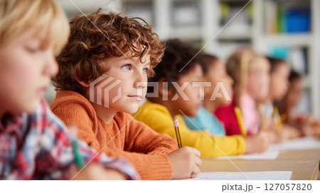 Children engaged in creative writing activity in a classroom setting while focusing on their tasks during daytime 127057820
