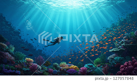 珊瑚礁を泳ぐダイバー 珊瑚礁を泳ぐダイバー 127057848