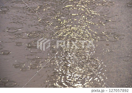 大雨で夜の道の水たまりに打つつける雨の水紋 127057892