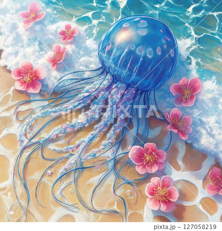 Ethereal Jellyfish with Pink Flowers on Shoreline Near Ocean Waves 127058219
