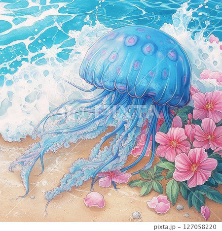 Colorful Jellyfish Swimming Near Shore with Flowers and Waves 127058220