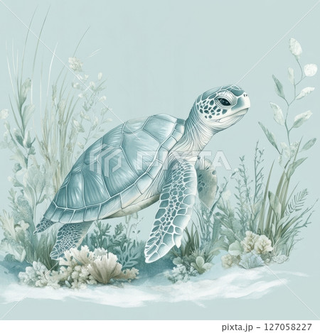 Beautiful Sea Turtle Swimming Among Soft Coral and Aquatic Plants 127058227