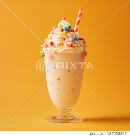 Delicious Milkshake with Whipped Cream and Colorful Sprinkles Delicious Milkshake with Whipped Cream and Colorful Sprinkles 127058295