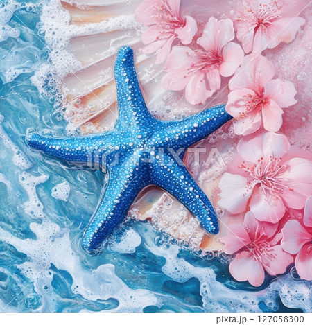Blue Starfish on Sandy Beach Surrounded by Tropical Flowers 127058300