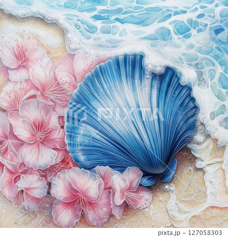 Beautiful Blue Seashell with Pink Flowers on Sandy Beach Shoreline 127058303