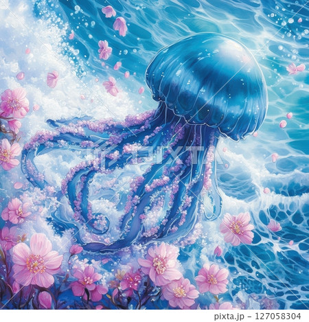 Ethereal Jellyfish with Cherry Blossoms in Turquoise Waterscape 127058304