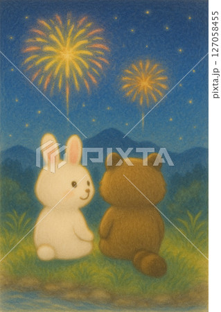 花火を見上げるうさぎとたぬきの夏夜イラスト 127058455