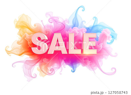 Colorful sale banner illustration with bold 3D SALE text surrounded by vibrant swirling clouds Colorful sale banner illustration with bold 3D SALE text surrounded by vibrant swirling clouds 127058743