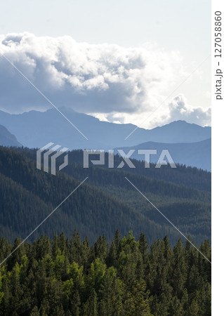 Majestic mountain range looms over lush evergreen forest under cloudy sky 127058860