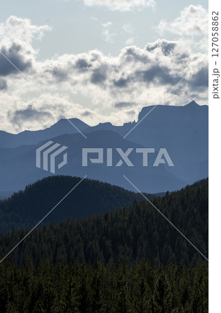 Majestic mountain peaks loom over evergreen forest under cloudy sky 127058862