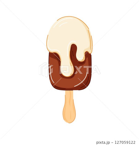 Smooth dark chocolate popsicle ice cream with topped vanilla chocolate in cartoon style isolated on white background. Perfect for summer cafe design, restaurant logo or recipe book. Smooth dark chocolate popsicle ice cream with topped vanilla chocolate in cartoon style isolated on white background. Perfect for summer cafe design, restaurant logo or recipe book. 127059122