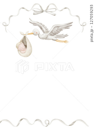 Baby Card with a watercolor stork carrying a baby in a bundle. Illustration of Template with Infant and white ribbon elements for birth announcements, baby shower invitations, or newborn greetings. 127059293