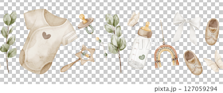 Watercolor illustration of childish seamless Border with baby items. Drawing of pattern with bodysuit, bottle, shoes, pacifier, eucalyptus and ribbon. Frame for newborn invitations or Baby shower card 127059294