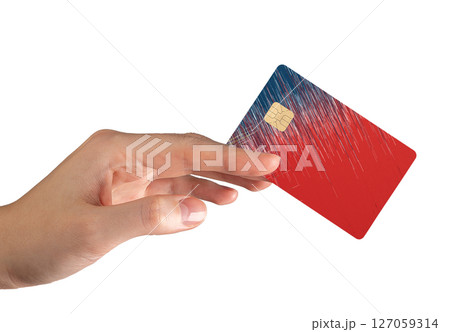 Credit and debit cards with sleek design, featuring a red and blue color scheme. Ideal for online 127059314