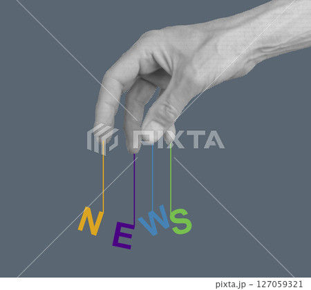 Hand manipulating information, symbolizing media control, disinformation, and fake news. Concept of 127059321