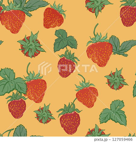 Vector seamless pattern of juicy strawberry and green leaves. Hand-drawn ripe fruits isolated on pink background. Tasty food illustration for design, print, fabric or background. Vector seamless pattern of juicy strawberry and green leaves. Hand-drawn ripe fruits isolated on pink background. Tasty food illustration for design, print, fabric or background. 127059466