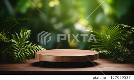Wooden product display podium for cosmetic product with green nature  background 127059527